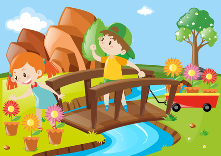 Boy and girl in garden illustrationのイラスト素材