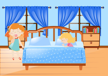 Two girl getting in bed illustrationのイラスト素材
