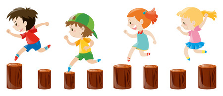 Four kids running on the logs illustrationのイラスト素材