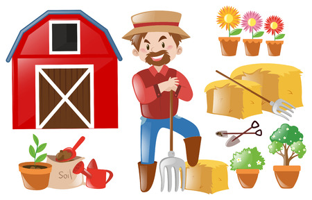 Farmer and farming elements illustrationのイラスト素材