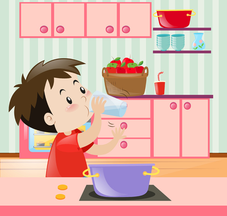 Little boy drinking water in kitchen illustrationのイラスト素材