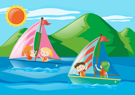 Children sailing boats in the sea illustrationのイラスト素材