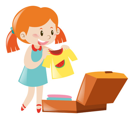 Little girl packing suitcase illustrationのイラスト素材