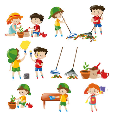Children doing different chores illustrationのイラスト素材