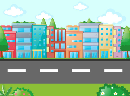 Scene with many buildings along the road illustrationのイラスト素材