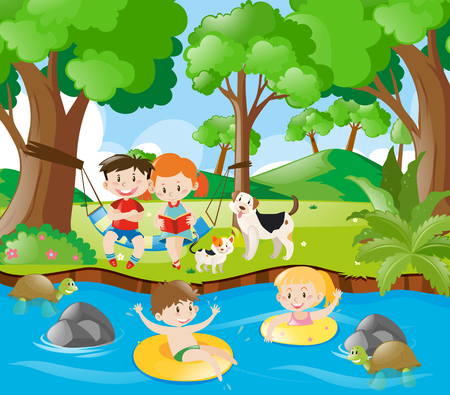 Kids having fun in the river illustrationのイラスト素材