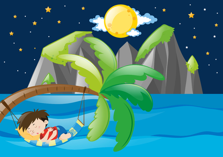 Boy sleeping by the sea at night illustrationのイラスト素材