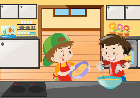 Two boys baking in kitchen illustrationのイラスト素材