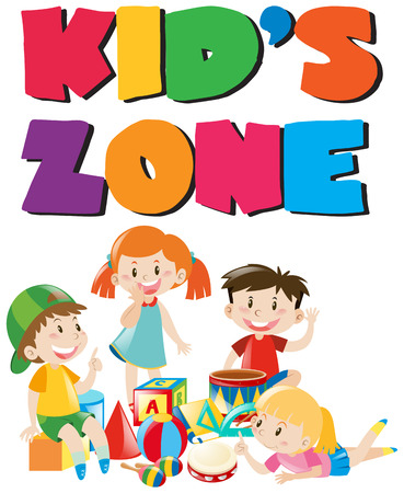 Kid's zone poster with kids and toys illustrationのイラスト素材