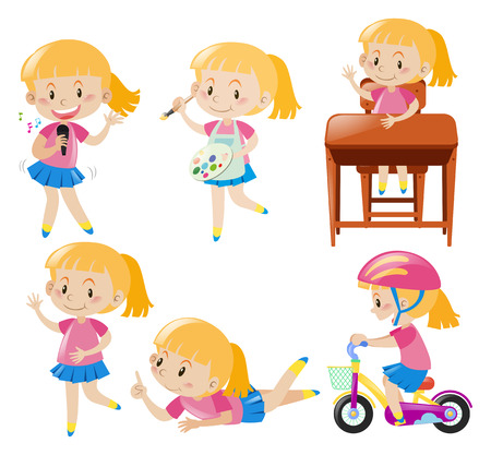 Girl doing different activities illustrationのイラスト素材