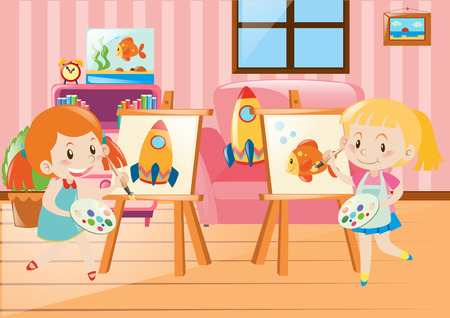 Two girls drawing on canvas in room illustrationのイラスト素材