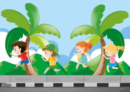 Four kids running on the pavement illustrationのイラスト素材