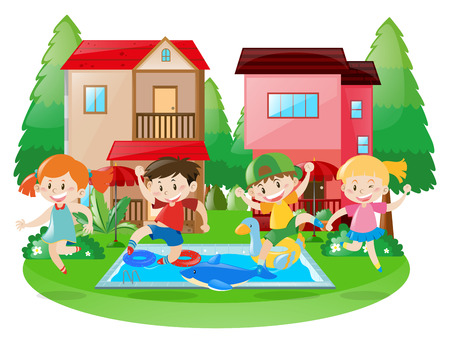 Happy children at the swimming pool illustrationのイラスト素材