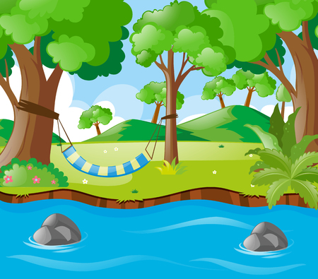 Scene with swing by the river illustrationのイラスト素材