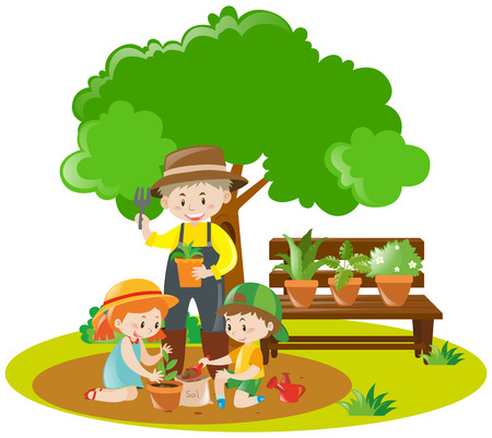 Kids and gardener planting in garden illustrationのイラスト素材