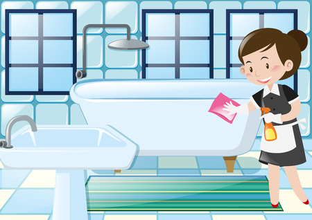 Maid cleaning bathtub in the bathroom illustrationのイラスト素材