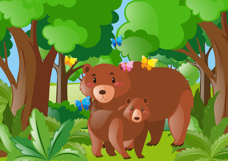 Bear and cub in the jungle illustrationのイラスト素材