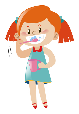Girl brushing teeth with toothbrush illustrationのイラスト素材