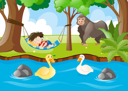 Kid sleeping in the jungle illustrationのイラスト素材