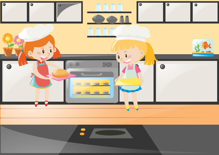 Two girls baking cake in kitchen illustrationのイラスト素材