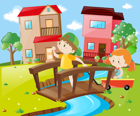 Boy and girl crossing bridge in neighborhood illustrationのイラスト素材