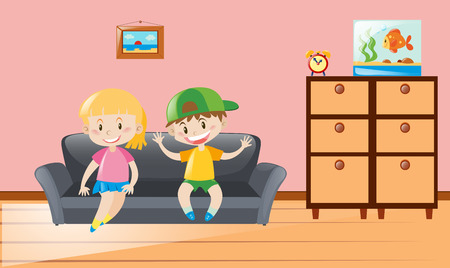 Two kids sitting on sofa illustrationのイラスト素材
