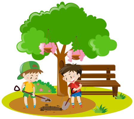 Two boys digging hole in garden illustrationのイラスト素材