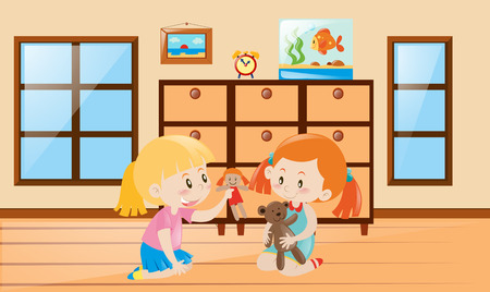 Cute girls playing with dolls illustrationのイラスト素材
