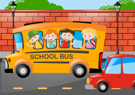 Many children riding on school bus illustrationのイラスト素材