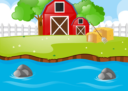 Scene with barns and river illustrationのイラスト素材