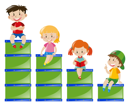Children sitting on green boxes illustrationのイラスト素材