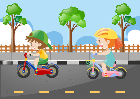Two kids riding bicycle on the road illustrationのイラスト素材