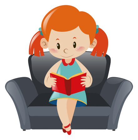 Little girl reading book on sofa illustrationのイラスト素材