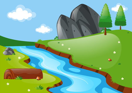 Nature scene with river and field illustrationのイラスト素材