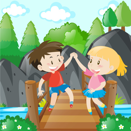 Boy and girl holding hands on bridge illustrationのイラスト素材