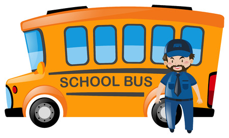 Bus driver standing in front of school bus illustrationのイラスト素材