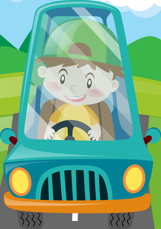 Boy driving blue car on road illustrationのイラスト素材