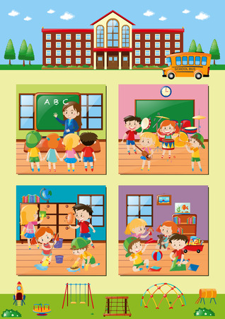 School scenes with teacher and students illustrationのイラスト素材