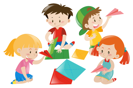 Boys and girls folding paper airplane illustrationのイラスト素材