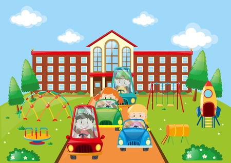 Kids driving cars to school illustrationのイラスト素材