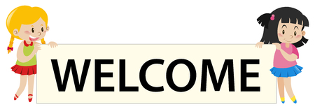 Two girls holding welcome sign illustrationのイラスト素材