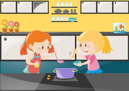 Two girls cooking soup in kitchen illustrationのイラスト素材