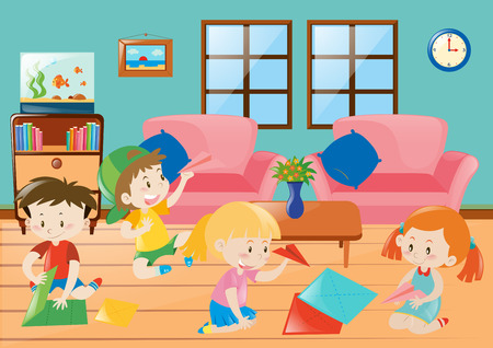 Children folding plane paper in room illustrationのイラスト素材