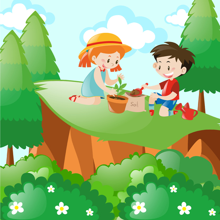 Boy and girl planting in the forest illustrationのイラスト素材