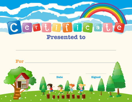 Certificate template with kids in field illustrationのイラスト素材