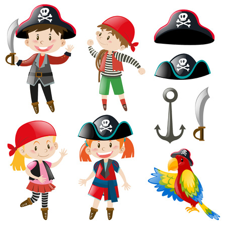 Kids in pirate costume and parrot pet illustrationのイラスト素材