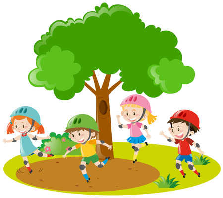 Boys and girls skating in park illustrationのイラスト素材