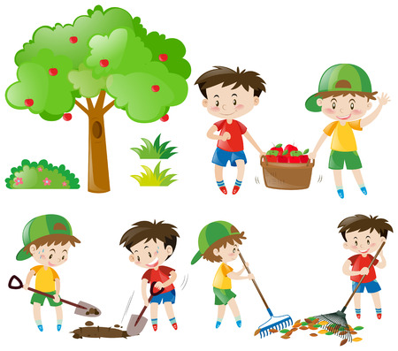 Set of boys doing farm work illustrationのイラスト素材