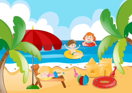 Kids swimming in the ocean illustrationのイラスト素材