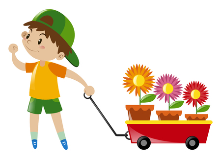 Boy pulling red wagon loaded with flowers illustrationのイラスト素材